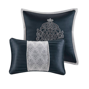 JLA Home Madison Park - 8 Jacquard Comforter Ensemble with Damask Medallion, Satin Highlights, Overfilled Loft & Tailored Accents Navy/Silver MP10-6837