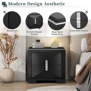 English Elm Mid-century Modern Nightstand with Diamond Geometric Drawers and Heavy Duty Wood Base Black N761P324094B
