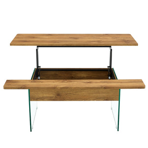 English Elm Multifunctional Lift Top Coffee Table with Tempered Glass Legs, Ergonomic Storage and Durable MDF Finish Natural Wood,Transparent W2920P226073