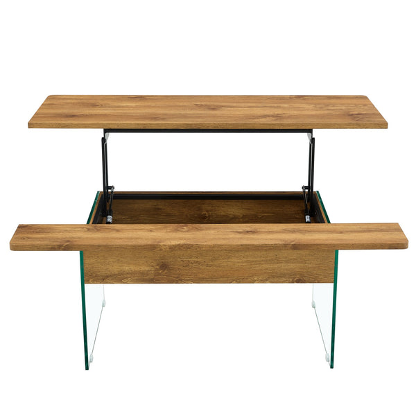 English Elm Multifunctional Lift Top Coffee Table with Tempered Glass Legs, Ergonomic Storage and Durable MDF Finish Natural Wood,Transparent W2920P226073