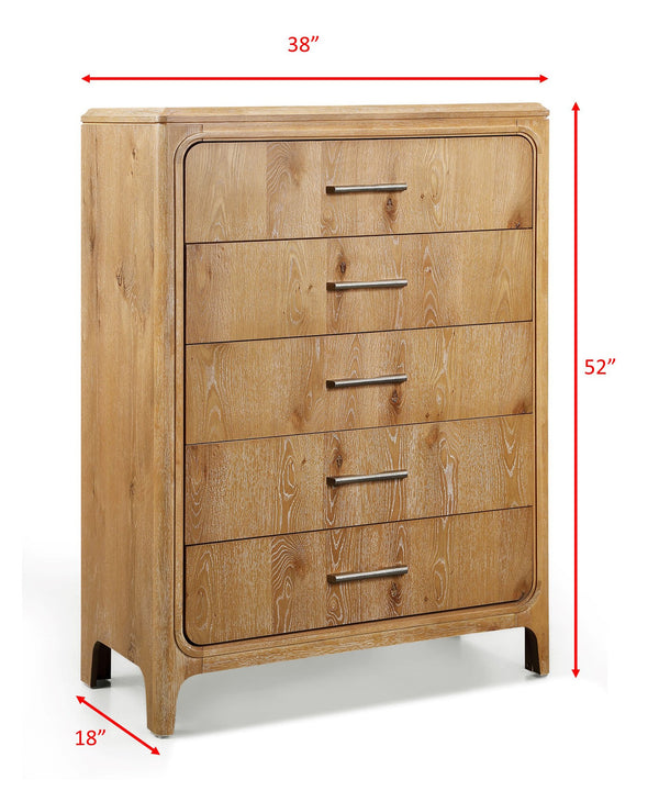 English Elm 1pc Five-Drawer Wood Chest 38"W x 18"D x 52"H – Elegant Bedroom Storage with Metal Hardware and Smooth Finish Natural Wood+Brown 41 L x 21 W x 55 H B2741P346380
