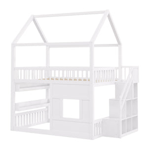 English Elm Full Size Solid Wood House Bed with Led Shelf Lighting for Kids Bedroom White N7500005026K