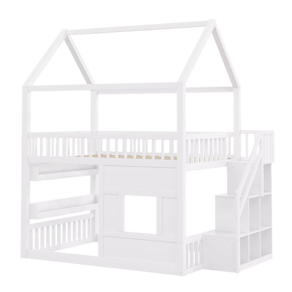 English Elm Full Size Solid Wood House Bed with Led Shelf Lighting for Kids Bedroom White N7500005026K