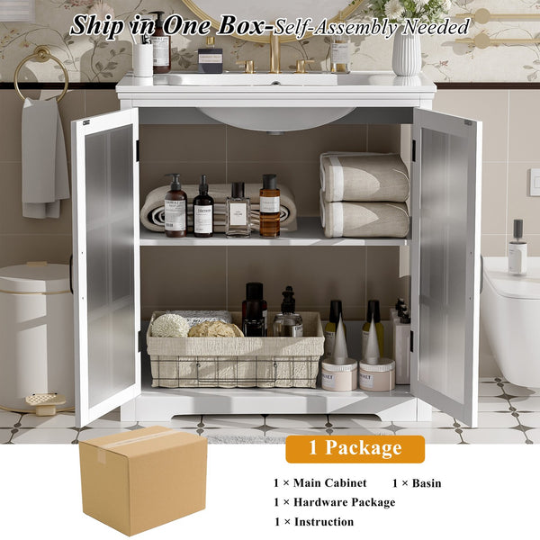 English Elm Christopher Knight Home® - 30" Modern Bathroom Vanity with Ceramic Sink, Tempered Blurred Glass Doors, Rubber Wood Frame Storage White N817P279904W