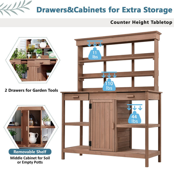 English Elm TOPMAX 66" Wooden Potting Bench with 36" Counter Height, 2 Drawers, Cabinet & Spacious Workstation Brown WF300211AAD