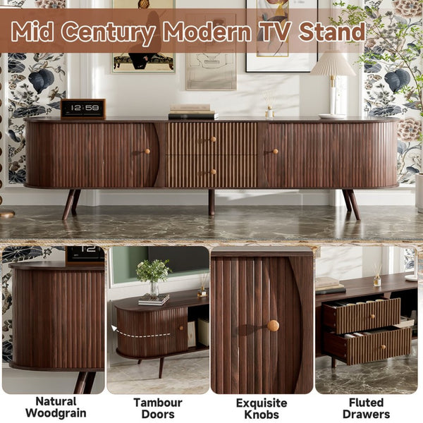 English Elm 70 Inch Mid Century Media Console with Tambour Doors Fluted Drawers and Wood Legs N710P419840P