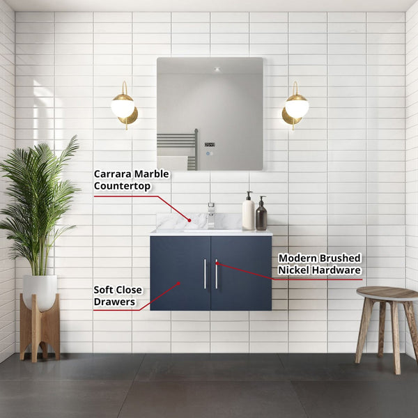 English Elm Navy Bath Vanity 30"W x 22"D with Carrara Marble Top, Chrome Faucet, Scratch-Resist Counter, 30" LED Mirror B2731S01243