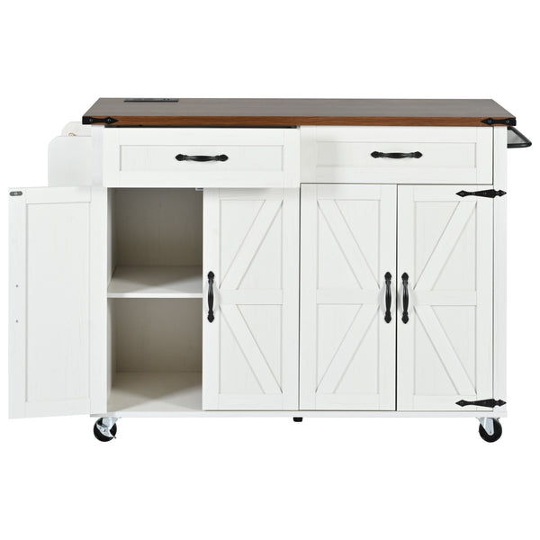 English Elm K&K Farmhouse Kitchen Island Cart 53.5" with Drop Leaf, Built-In Power Station, Ample Storage & Wheels White N707P170348W