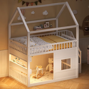 English Elm Full Size Solid Wood House Bed with Led Shelf Lighting for Kids Bedroom White N7500005026K