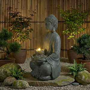 English Elm Zen-style Buddha Fountain Two Tier Lotus Polyresin Led Garden Patio Decor W853P412663