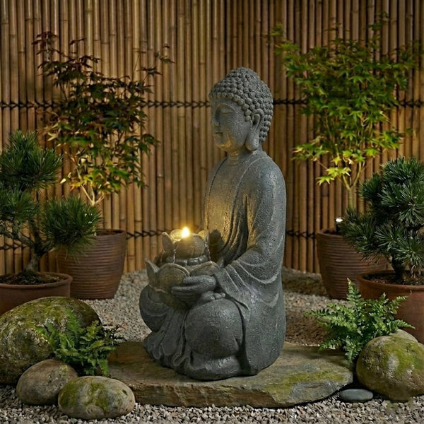 English Elm Zen-style Buddha Fountain Two Tier Lotus Polyresin Led Garden Patio Decor W853P412663