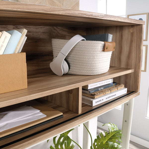 English Elm Hutch, Sleek Brown Office Storage With Hidden Compartment & Open Shelves – Ideal For Modern Workspaces B356P367841