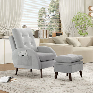 English Elm Upholstered Velvet Accent Chair and Ottoman with Storage, Tufted Design, 6-Level Adjustable Backrest Light Gray T3623P411378