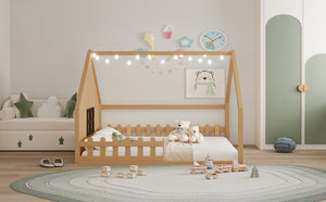 English Elm Full House Bed Frame with Window & Fence Playhouse Design, Sturdy Pine/MDF, Safe 400lb Capacity Natural N709P215545N