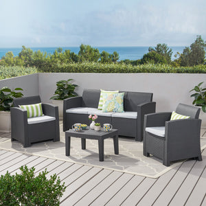 English Elm Christopher Knight Home® - 5 Seater Outdoor Wicker Chat Set with Waterproof Removable Cushions, Durable Polypropylene, Charcoal 61311.00