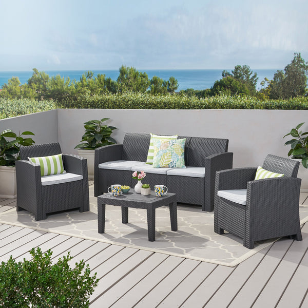 English Elm Christopher Knight Home® - 5 Seater Outdoor Wicker Chat Set with Waterproof Removable Cushions, Durable Polypropylene, Charcoal 61311.00