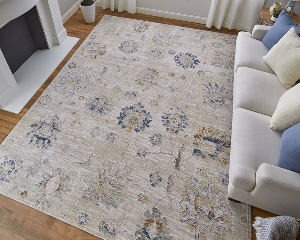Feizy Rugs Pasha Vibrant Floral Distressed Rug – Soft, Stain-resistant Polyester For Eclectic Home Styling Taupe,Ivory,Blue Polyester Pas39m9fbgeblue70