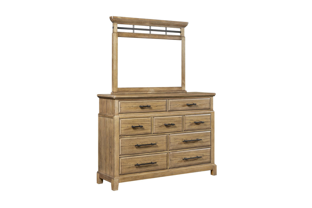 English Elm 9-Drawer Elm Veneer Dresser in Caramel Finish with 9 Smooth-Glide Drawers & Black Metal Pulls, Rustic-Modern Appeal B2699P353072