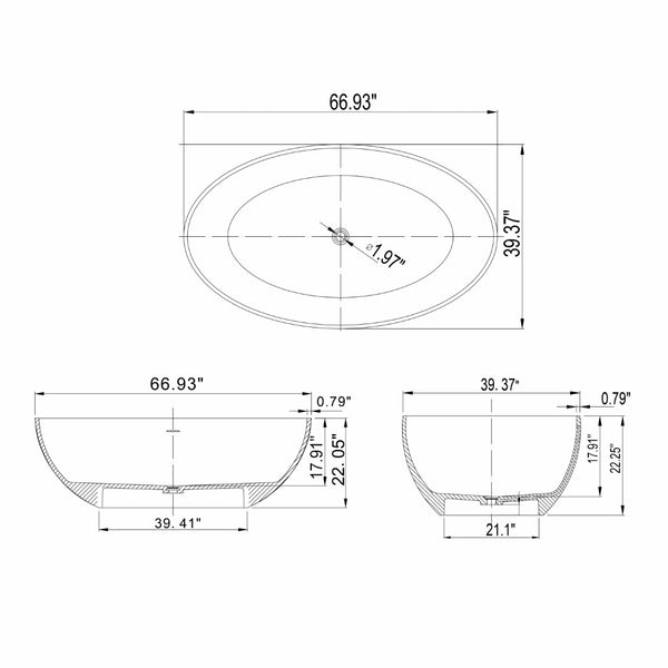 English Elm 67 Inch Freestanding Solid Surface Soaking Tub Matte White Walnut Spa Bathroom W1613P427631