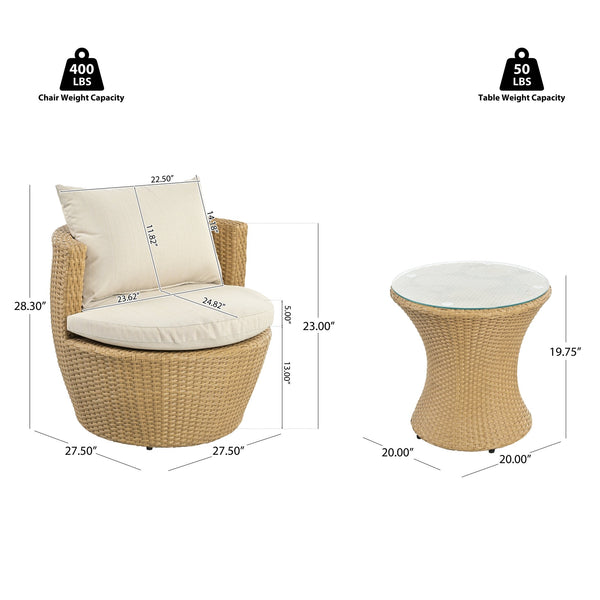 English Elm Christopher Knight Home® - KONO 3PC Outdoor Boho Faux Wicker Chat Set with Tempered Glass Table, Beige Cushions, Durable Elegance N775P245731B
