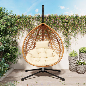 English Elm U_STYLE Sturdy Hammock Chair with HDPE Rattan Weave, Rust-Resistant Chain, Soft Removable Cushion Beige,Brown+Yellow N711P255131Q