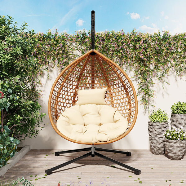 English Elm U_STYLE Sturdy Hammock Chair with HDPE Rattan Weave, Rust-Resistant Chain, Soft Removable Cushion Beige,Brown+Yellow N711P255131Q