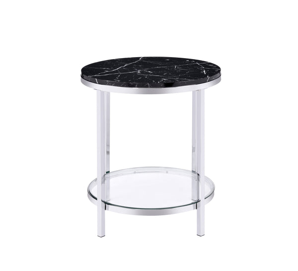 English Elm Virlana Faux Black Marble Top End Table with Chrome Finish, Tempered Glass Shelf, Modern Accent B2726P270973