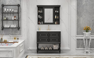 English Elm 36'' Modern Bathroom Vanity with Ceramic Sink and Medicine Cabinet, Solid Wood Frame, 4 Drawers, Waterproof Finish Black SW000138AAB-1