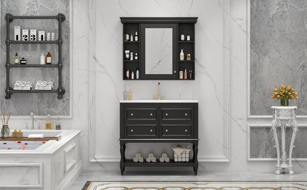 English Elm 36'' Modern Bathroom Vanity with Ceramic Sink and Medicine Cabinet, Solid Wood Frame, 4 Drawers, Waterproof Finish Black SW000138AAB-1