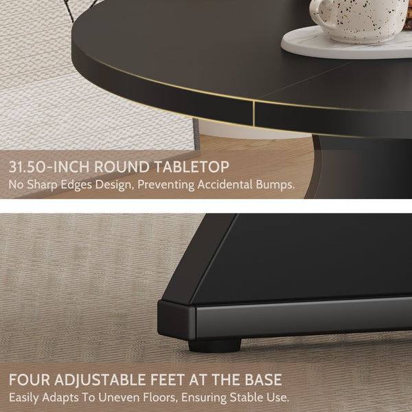 English Elm 31.5 Inch Round Farmhouse Dining Table Wave Pedestal Veneer Top Seats Two Black T5618P448233
