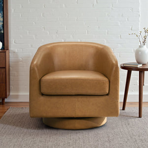 English Elm Danville Top-grain Leather Swivel Accent Chair with Down Cushion for Living Rooms B183P423289