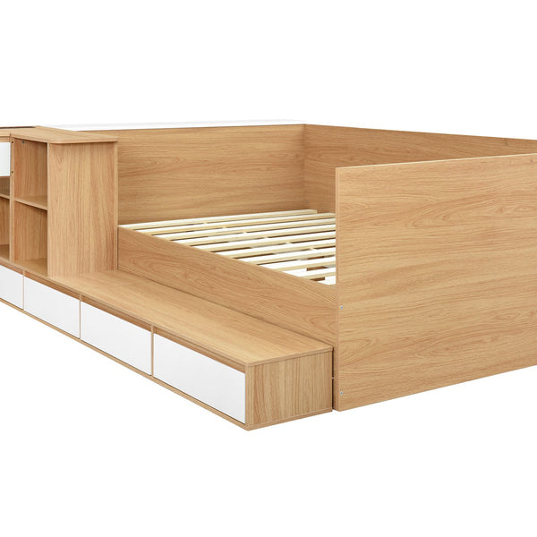 English Elm Full Size Wooden Platform Bed With 6 Drawers, Open Shelves & Dressing Table - Stylish & Functional! N820S00059N