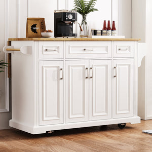 English Elm K&K 54" Farmhouse Kitchen Island with Embossed Texture, Drop Leaf, Soft-Close Drawers & Wheels White N707P195395W