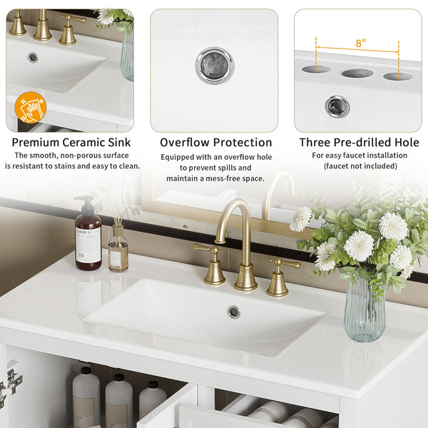 English Elm 36.02-inch white bathroom vanity with ceramic basin, gold round handles, soft-close doors & drawers N729P184710K
