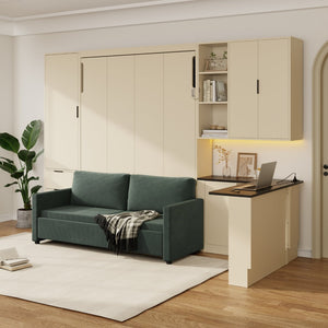 English Elm Queen Murphy Wall Bed Hydraulic Lift Velvet Sofa Built-in Shelves Led Studio Unit Cream LP000392AAA