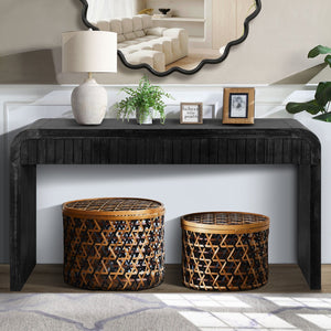 English Elm 59'' Vintage Crafted Entryway Table with Hidden Handle Drawers, Three-Dimensional Stripes, Easy Assembly, Stylish Storage for Hallway and Living Room Antique Black W1445P214056