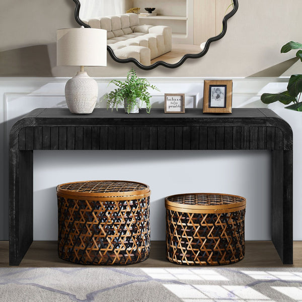 English Elm 59'' Vintage Crafted Entryway Table with Hidden Handle Drawers, Three-Dimensional Stripes, Easy Assembly, Stylish Storage for Hallway and Living Room Antique Black W1445P214056