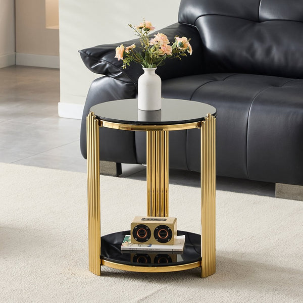 English Elm 16.9inch Round End Table Dual Tier Black Tempered Glass Gold Steel Frame Modern Accent W3357P395504