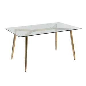 English Elm Dining Table with Gold Metal Legs and Tempered Glass Top for Glam Modern Spaces B202S02138
