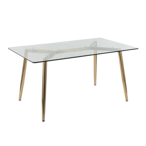 English Elm Dining Table with Gold Metal Legs and Tempered Glass Top for Glam Modern Spaces B202S02138