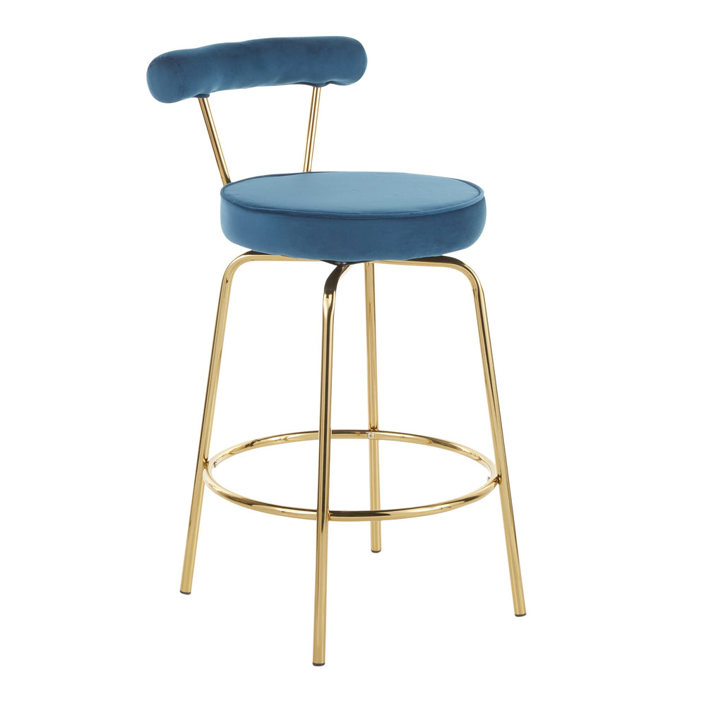 English Elm Rhonda Velvet Counter Stool with Gold Metal Frame, Art Deco Glam Swivel Seat, Set of 2, Indoor Blue B202P222097
