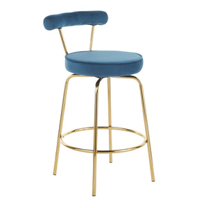 English Elm Rhonda Velvet Counter Stool with Gold Metal Frame, Art Deco Glam Swivel Seat, Set of 2, Indoor Blue B202P222097