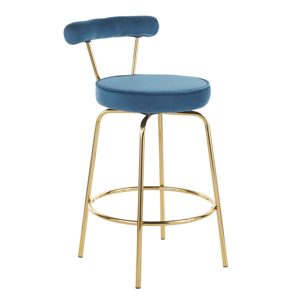 English Elm Rhonda Velvet Counter Stool with Gold Metal Frame, Art Deco Glam Swivel Seat, Set of 2, Indoor Blue B202P222097