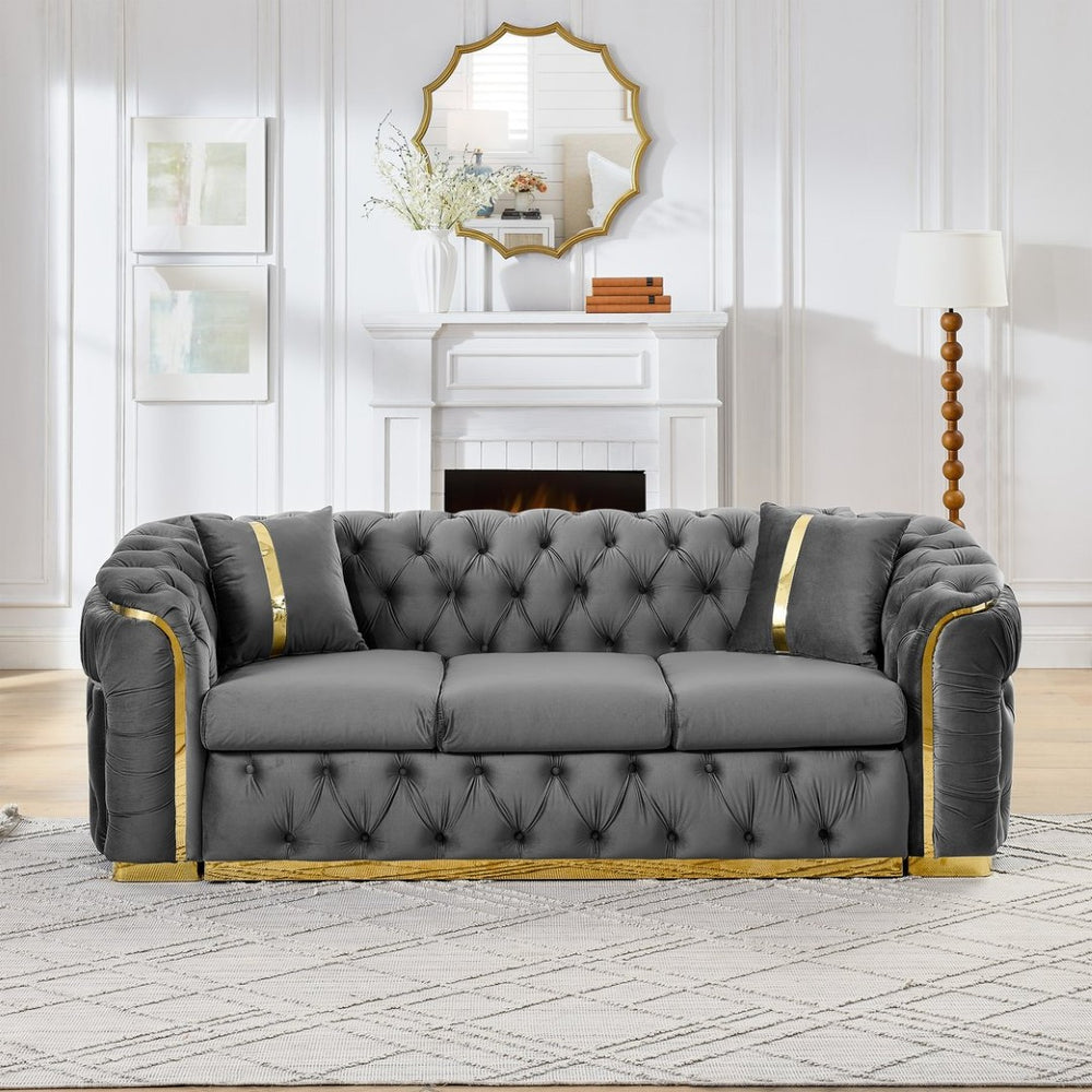 English Elm 2pcs Italian Velvet Chesterfield Sofa Set Tufted Three Seater with Gold Steel Legs Gray W1191S00043