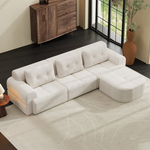 English Elm Modular Sectional Sofa with Chaise Full Foam Build Woven Fabric for Living Room Beige White W2379S00005