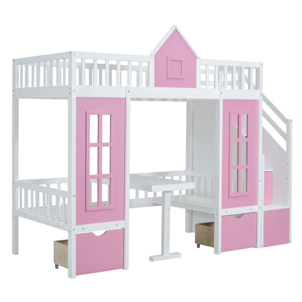 English Elm Twin-over-twin Bunk Bed Convertible Lower Desk Solid Pine Kids Bedroom Space Saver LT000681AAH-1