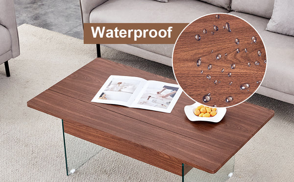 English Elm Multifunctional Lift Top Coffee Table with Tempered Glass Legs, Ergonomic Storage and Durable MDF Finish Wood W2920P226074