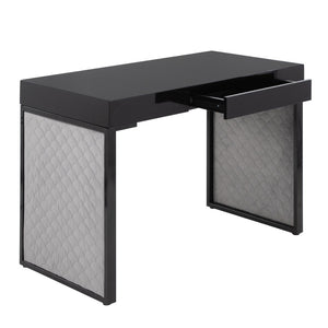 English Elm Upholstered Writing Desk with Silver Velvet Panels Black Steel Base and Dark Wood Top B202P471627