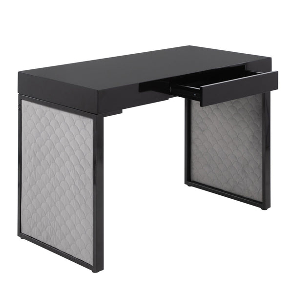 English Elm Upholstered Writing Desk with Silver Velvet Panels Black Steel Base and Dark Wood Top B202P471627