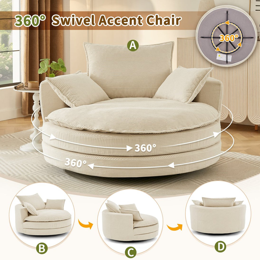 English Elm 360° Oversized Swivel Lounge Chair with 38" Deep Seat Dual-Layer Cushion Corduroy Accent Pillows Beige N719S002100A
